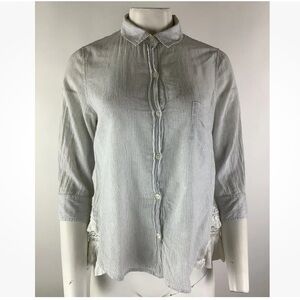 Anthropologie Sz 4 Lace Trim Button Top Blue 100% Cotton Micro Striped Shirt